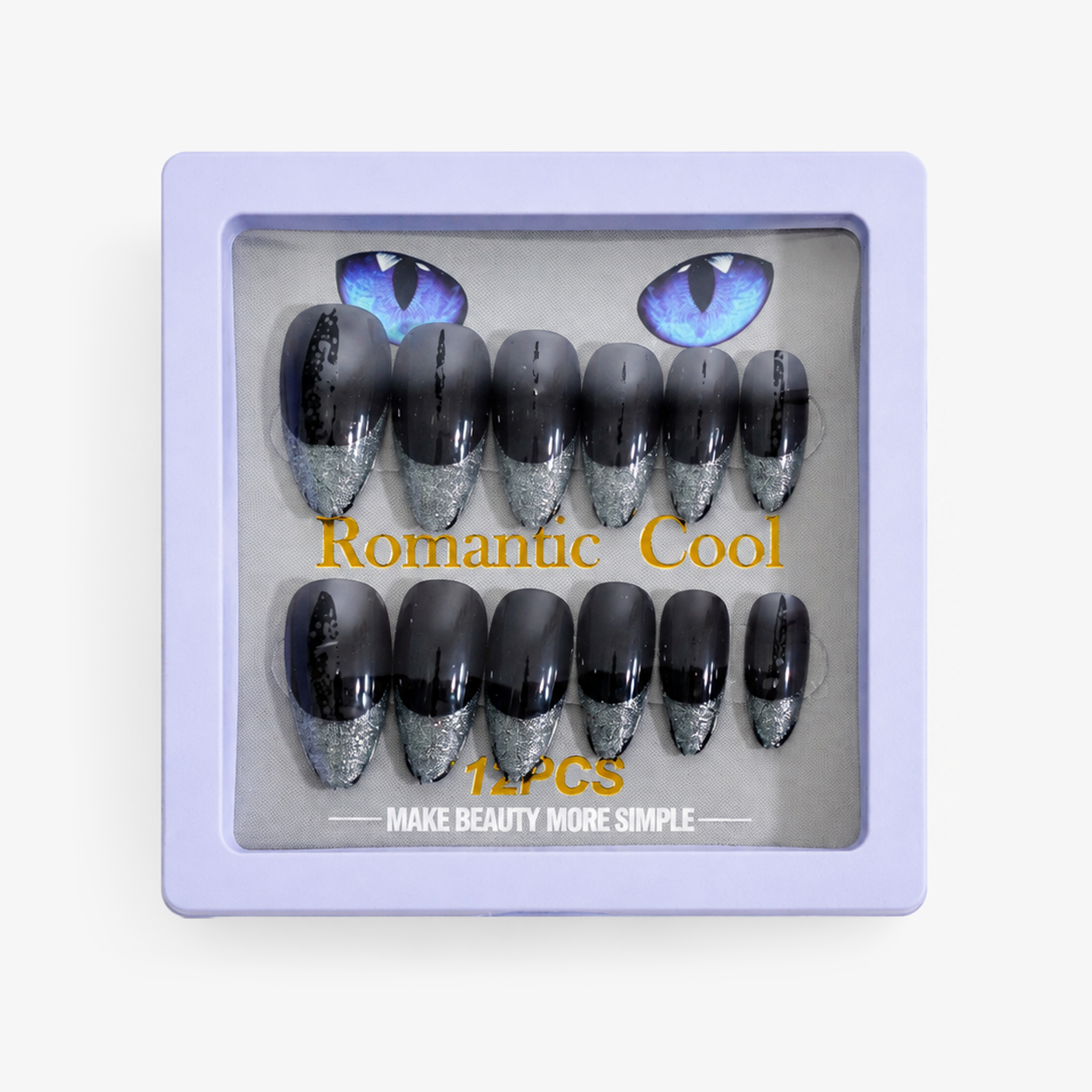 Romantic Cool Black & Silver Press-On Gel Nails – 12 PCS
