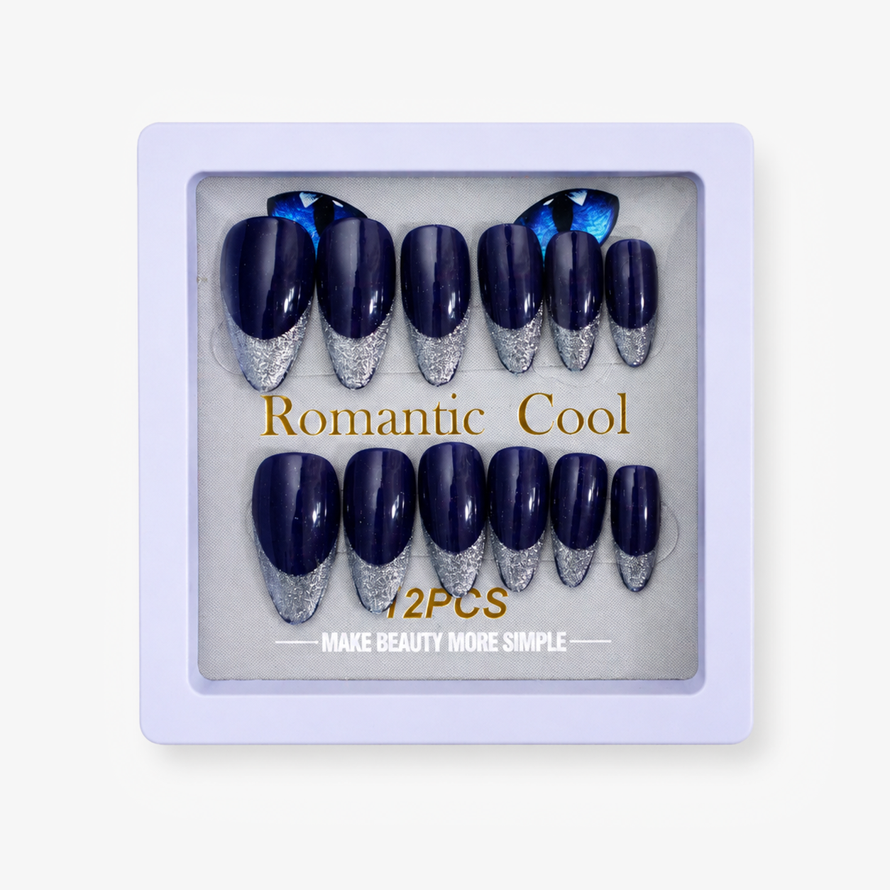 Romantic Cool Navy Blue & Silver Press-On Gel Nails – 12 PCS