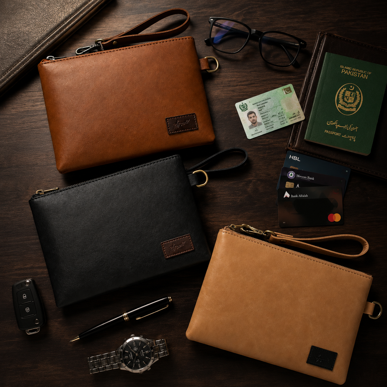 Black Cognac PU Leather Wristlet Clutch Bag – Smooth Finish Pouch with Detachable Strap, Brass Hardware & Branded Patch