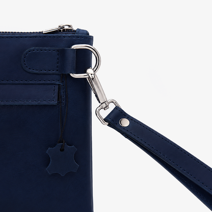 Navy Blue Leather Hand Clutch | Pure Cow Leather | Wrist Strap | Zip Closure | Unisex