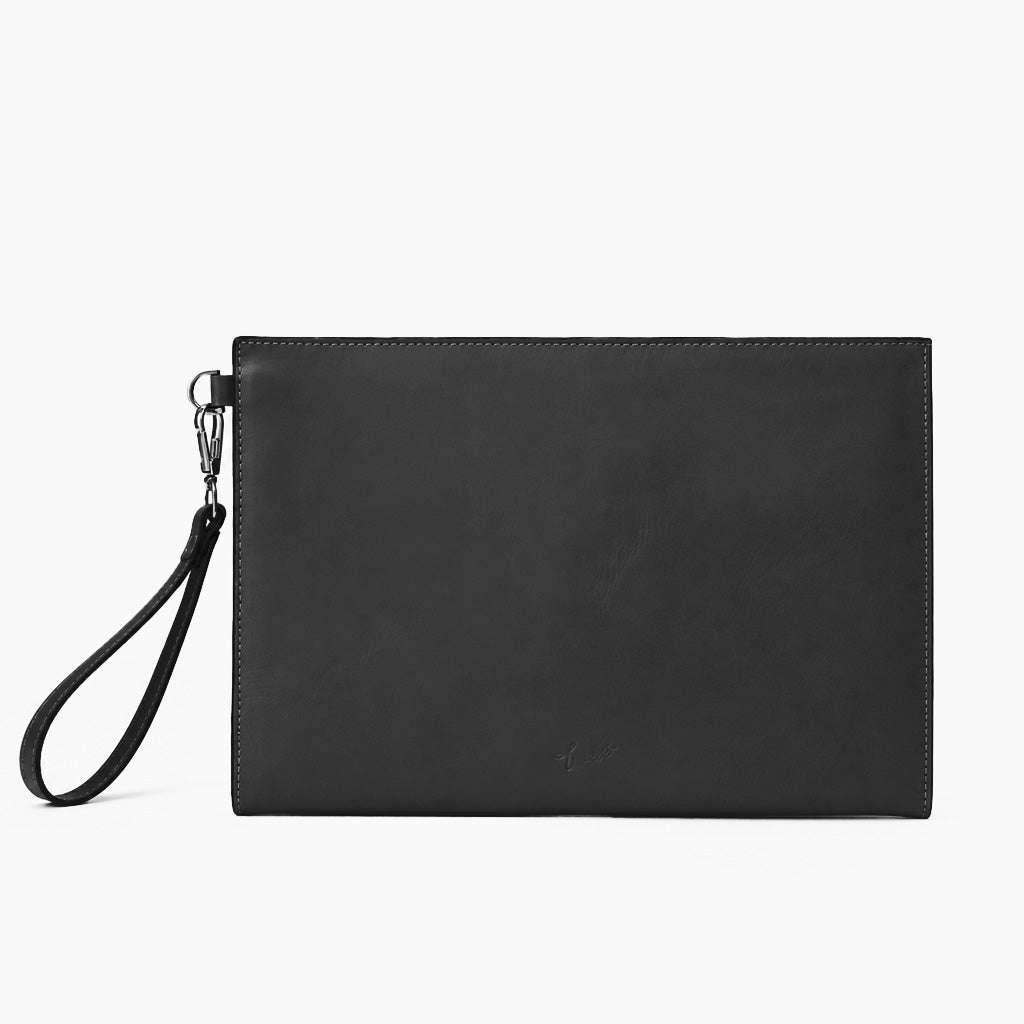 Black Genuine Leather Clutch Wristlet Pouch