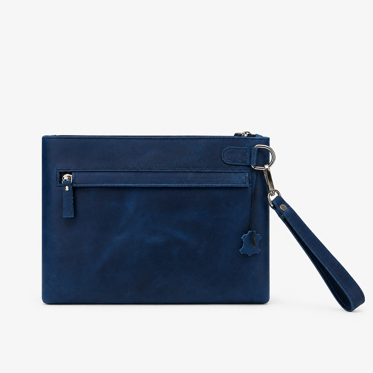 Navy Blue Leather Hand Clutch | Pure Cow Leather | Wrist Strap | Zip Closure | Unisex