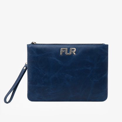 Navy Blue Leather Hand Clutch | Pure Cow Leather | Wrist Strap | Zip Closure | Unisex