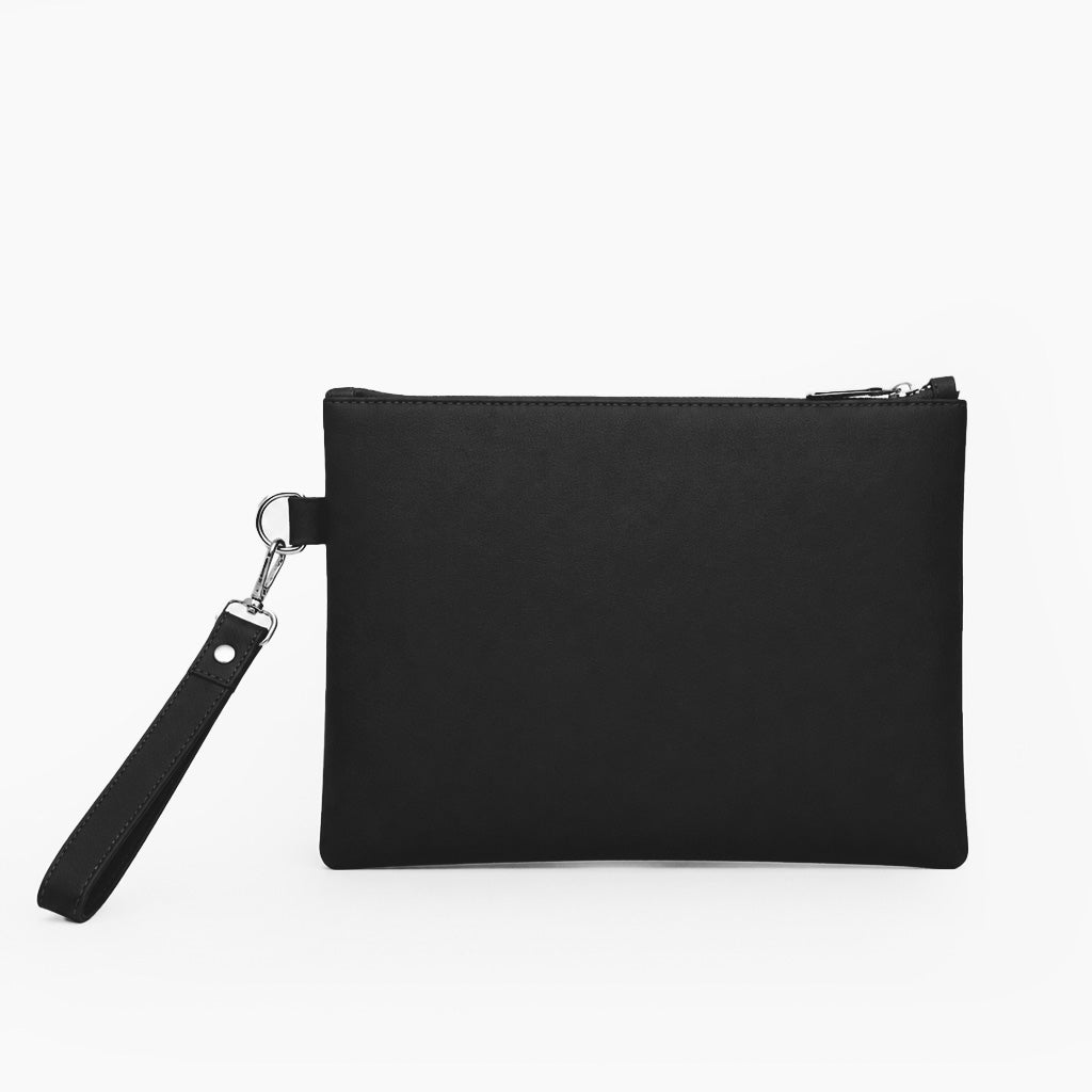 Black Genuine Leather Clutch Wristlet | 100% Pure Cow Leather | Silver Hardware | Unisex
