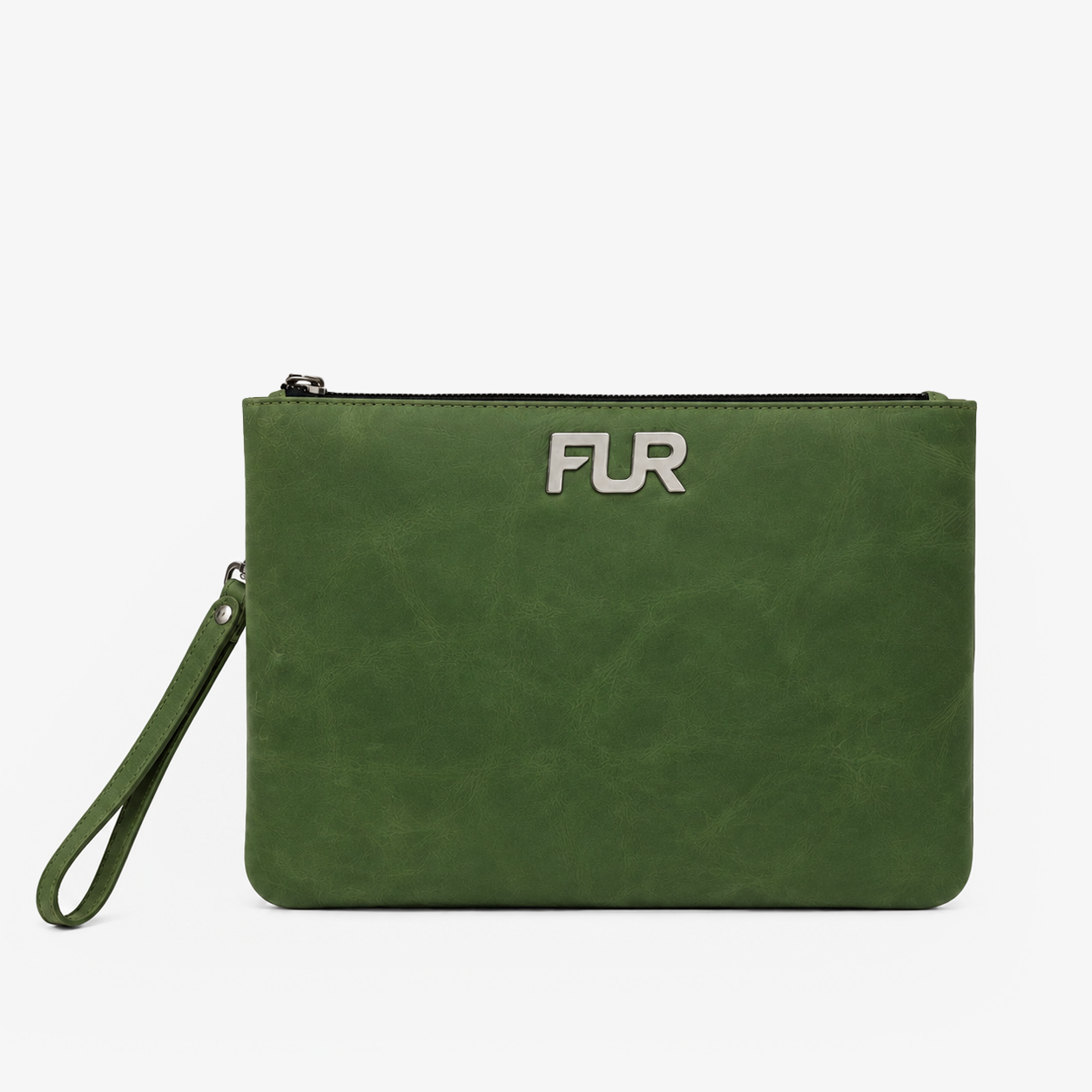 Olive Green Leather Hand Clutch | Pure Cow Leather | Wrist Strap | Zip Closure | Unisex