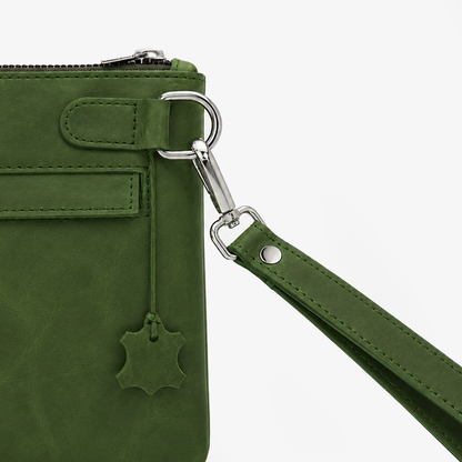 Olive Green Leather Hand Clutch | Pure Cow Leather | Wrist Strap | Zip Closure | Unisex