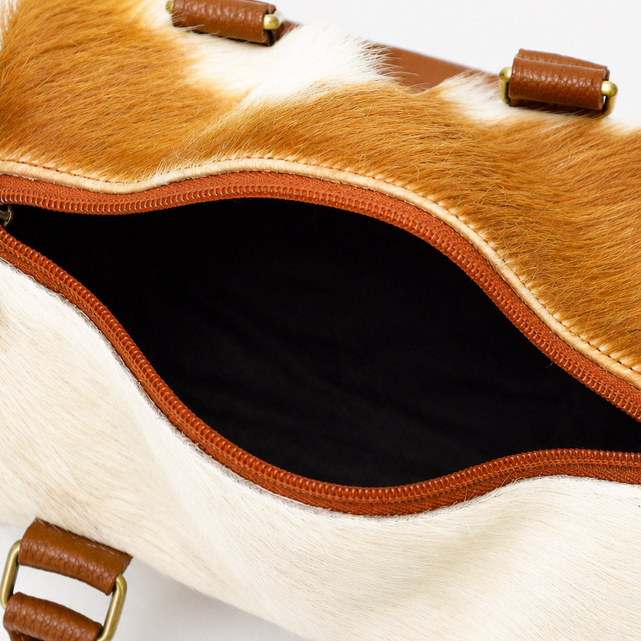FUR Goat Hide Tote Ivory Cognac zipper close up detail