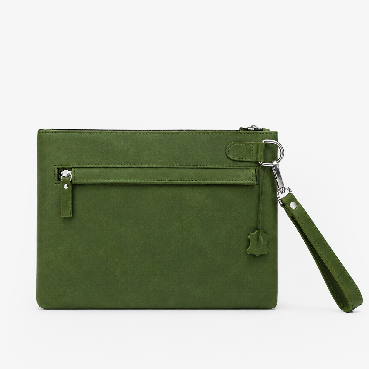 Olive Green Leather Hand Clutch | Pure Cow Leather | Wrist Strap | Zip Closure | Unisex