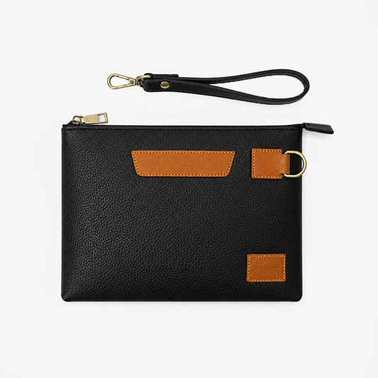 Executive Leather Clutch Wallet | Black & Tan Two-Tone Wristlet with Detachable Strap & Card Slots
