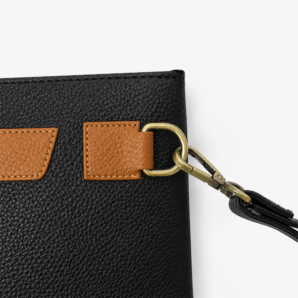 Executive Leather Clutch Wallet | Black & Tan Two-Tone Wristlet with Detachable Strap & Card Slots