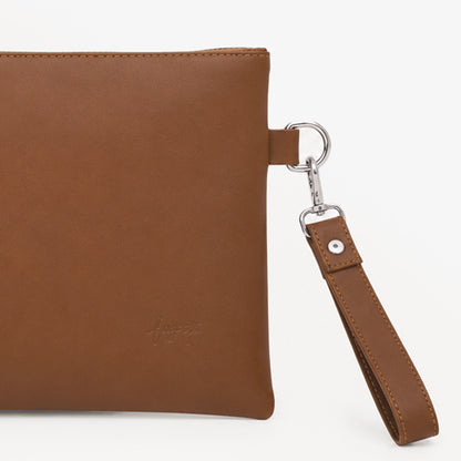 Tan Cognac Genuine Leather Clutch Wristlet | 100% Pure Cow Leather | Silver Hardware | Unisex