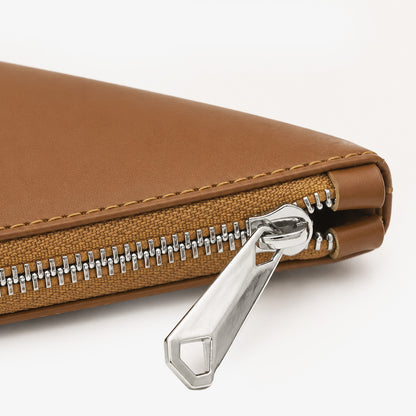 Tan Cognac Genuine Leather Clutch Wristlet | 100% Pure Cow Leather | Silver Hardware | Unisex