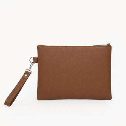 Tan Cognac Genuine Leather Clutch Wristlet | 100% Pure Cow Leather | Silver Hardware | Unisex