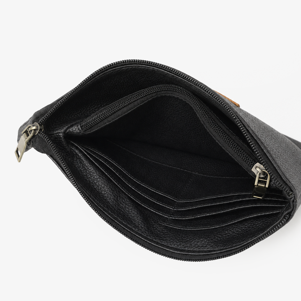 Executive Leather Clutch Wallet | Black & Tan Two-Tone Wristlet with Detachable Strap & Card Slots