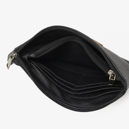 Executive Leather Clutch Wallet | Black & Tan Two-Tone Wristlet with Detachable Strap & Card Slots