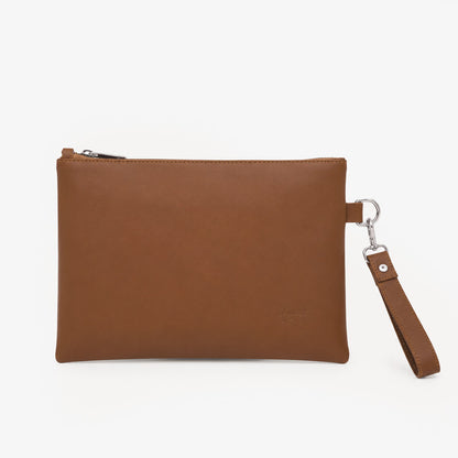 Tan Cognac Genuine Leather Clutch Wristlet | 100% Pure Cow Leather | Silver Hardware | Unisex