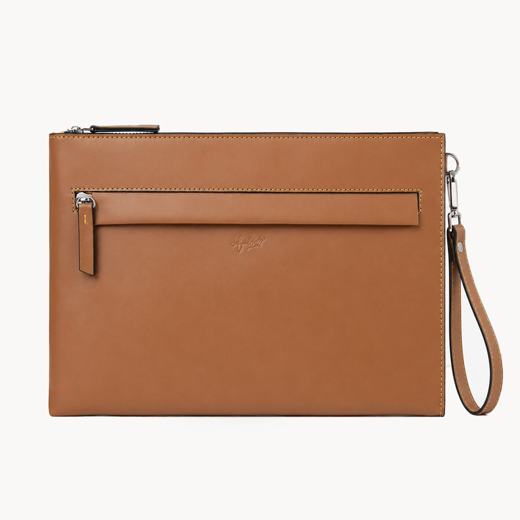 Tan Cognac Genuine Leather Clutch Wristlet Pouch