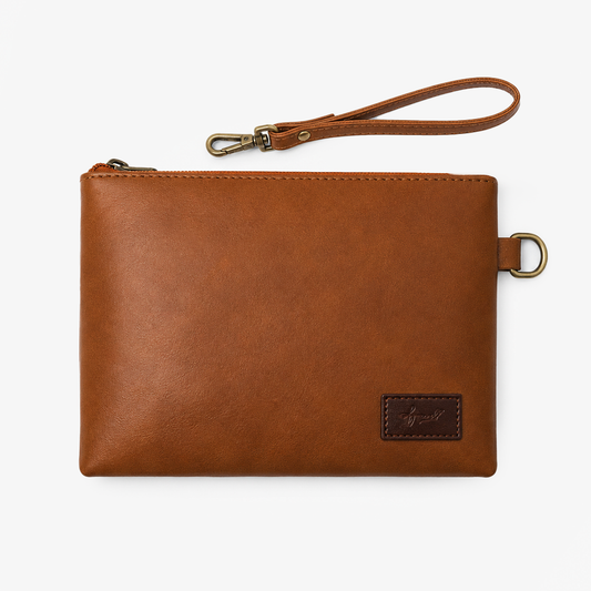 Tan Cognac PU Leather Wristlet Clutch Bag – Smooth Finish Pouch with Detachable Strap, Brass Hardware & Branded Patch