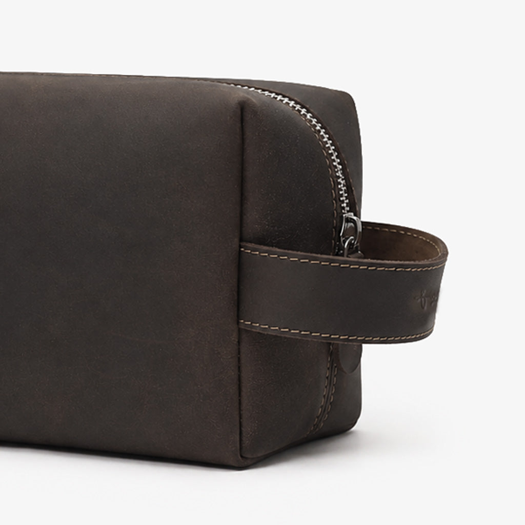 Espresso Brown Genuine Leather Dopp Kit | 100% Pure Cow Leather | Silver Hardware | Travel Toiletry Bag | Unisex