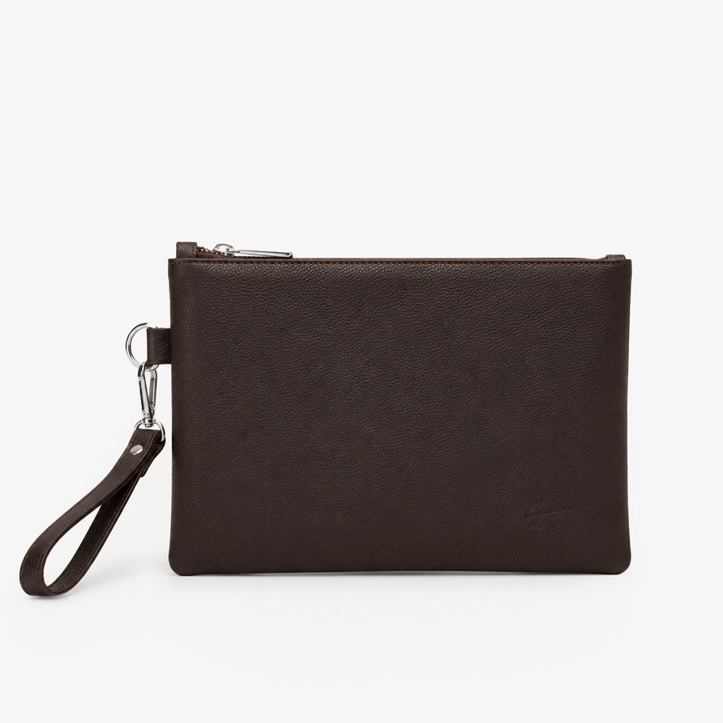Espresso Brown Genuine Leather Clutch Wristlet | 100% Pure Cow Leather | Silver Hardware | Unisex