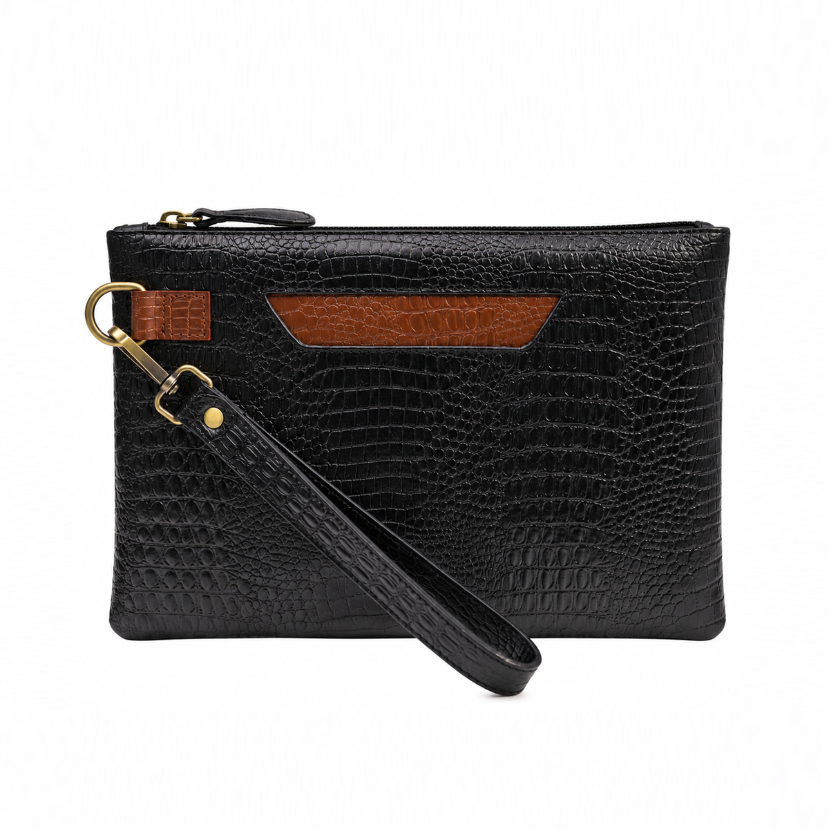 The Camden Croc-Textured Wristlet Clutch – Black & Tan
