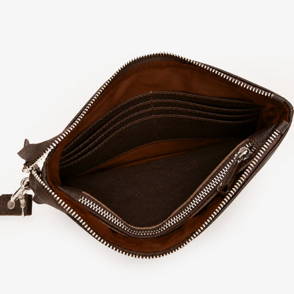Espresso Brown Genuine Leather Clutch Wristlet | 100% Pure Cow Leather | Silver Hardware | Unisex