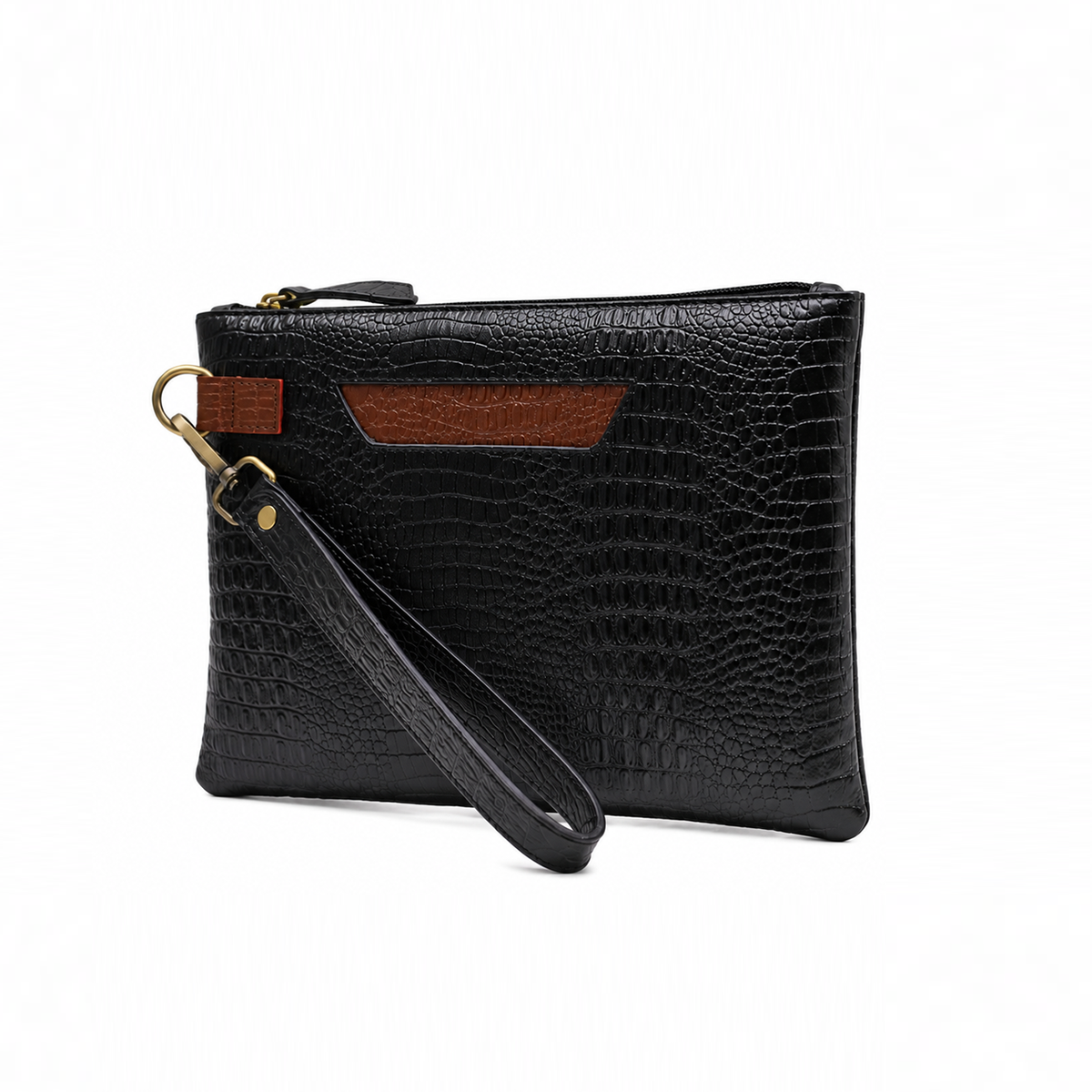 The Camden Croc-Textured Wristlet Clutch – Black & Tan