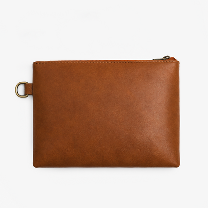 Tan Cognac PU Leather Wristlet Clutch Bag – Smooth Finish Pouch with Detachable Strap, Brass Hardware & Branded Patch