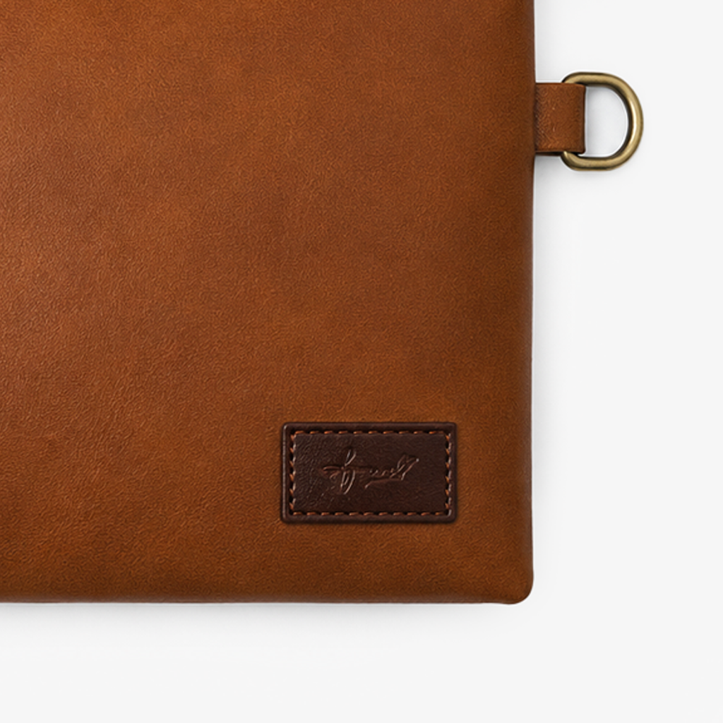 Tan Cognac PU Leather Wristlet Clutch Bag – Smooth Finish Pouch with Detachable Strap, Brass Hardware & Branded Patch