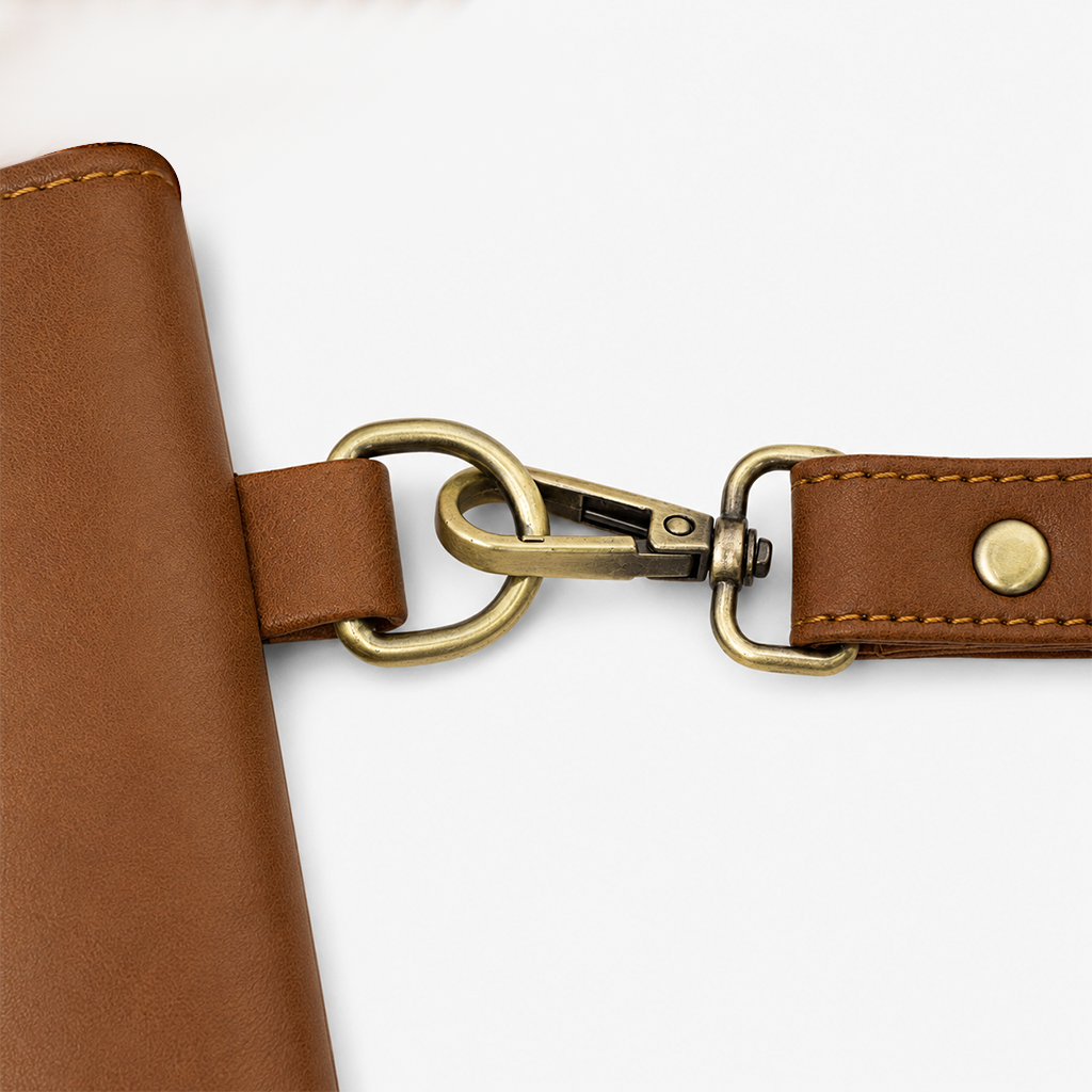 Tan Cognac PU Leather Wristlet Clutch Bag – Smooth Finish Pouch with Detachable Strap, Brass Hardware & Branded Patch