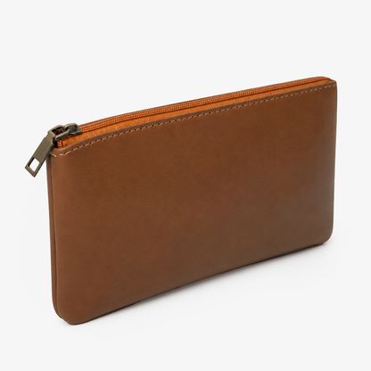 Tan Cognac PU Leather Wristlet Clutch Bag – Smooth Finish Pouch with Detachable Strap, Brass Hardware & Branded Patch