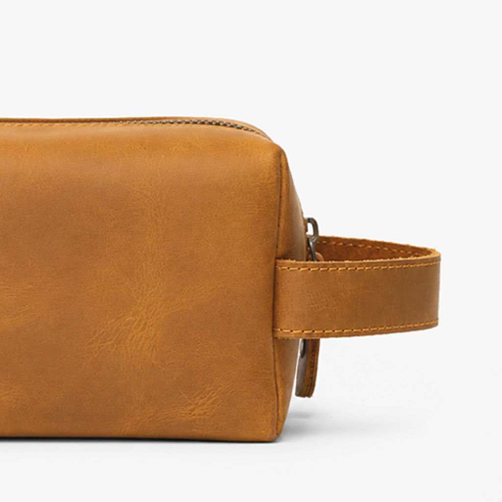 Camel Genuine Leather Dopp Kit | 100% Pure Cow Leather | Brass Hardware | Travel Toiletry Bag | Unisex