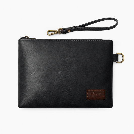 Black Cognac PU Leather Wristlet Clutch Bag – Smooth Finish Pouch with Detachable Strap, Brass Hardware & Branded Patch