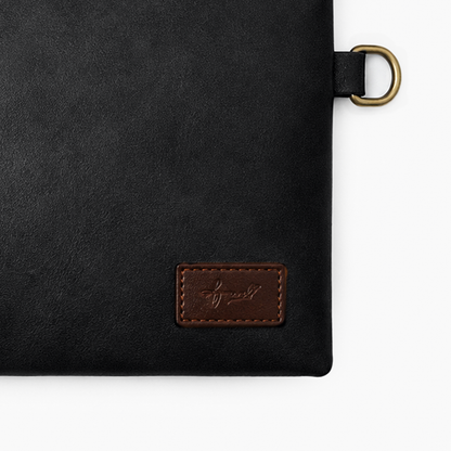 Black Cognac PU Leather Wristlet Clutch Bag – Smooth Finish Pouch with Detachable Strap, Brass Hardware & Branded Patch