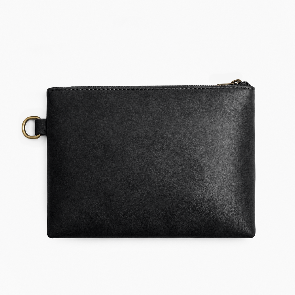 Black Cognac PU Leather Wristlet Clutch Bag – Smooth Finish Pouch with Detachable Strap, Brass Hardware & Branded Patch