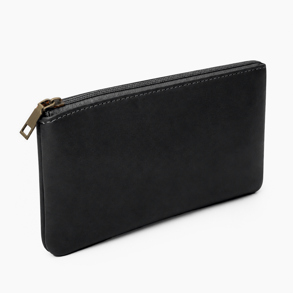 Black Cognac PU Leather Wristlet Clutch Bag – Smooth Finish Pouch with Detachable Strap, Brass Hardware & Branded Patch