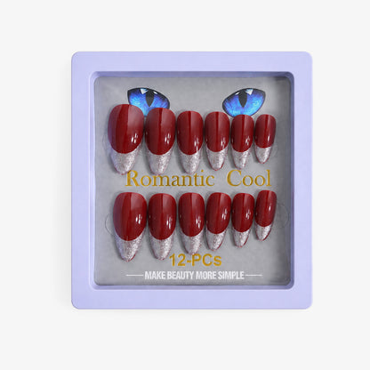 Romantic Cool Red & Silver Press-On Gel Nails – 12 PCS