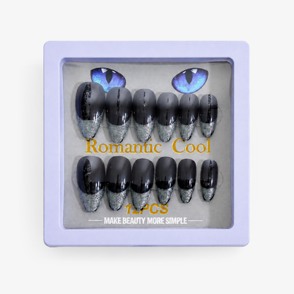 Romantic Cool Black & Silver Press-On Gel Nails – 12 PCS