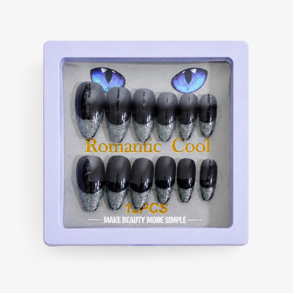 Romantic Cool Black & Silver Press-On Gel Nails – 12 PCS