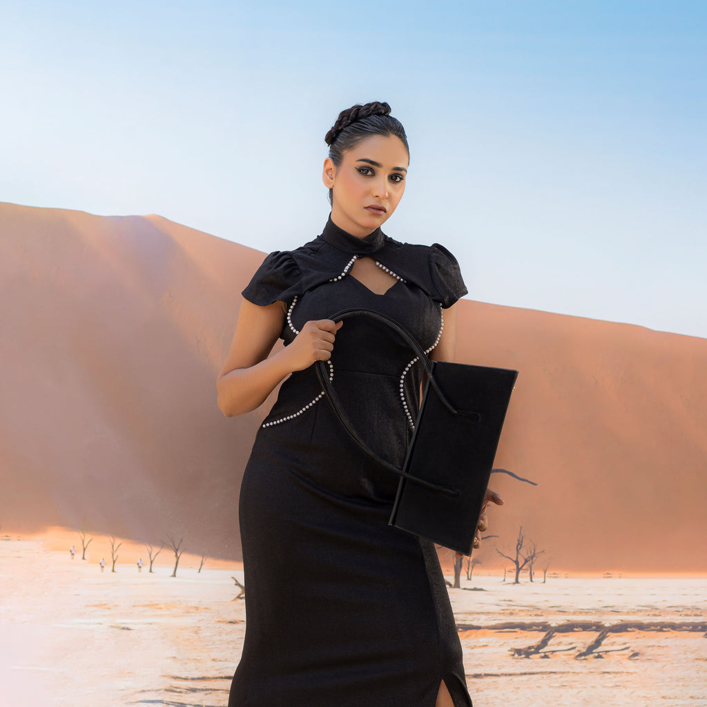 Black Suede Trapezoid Structured Tote