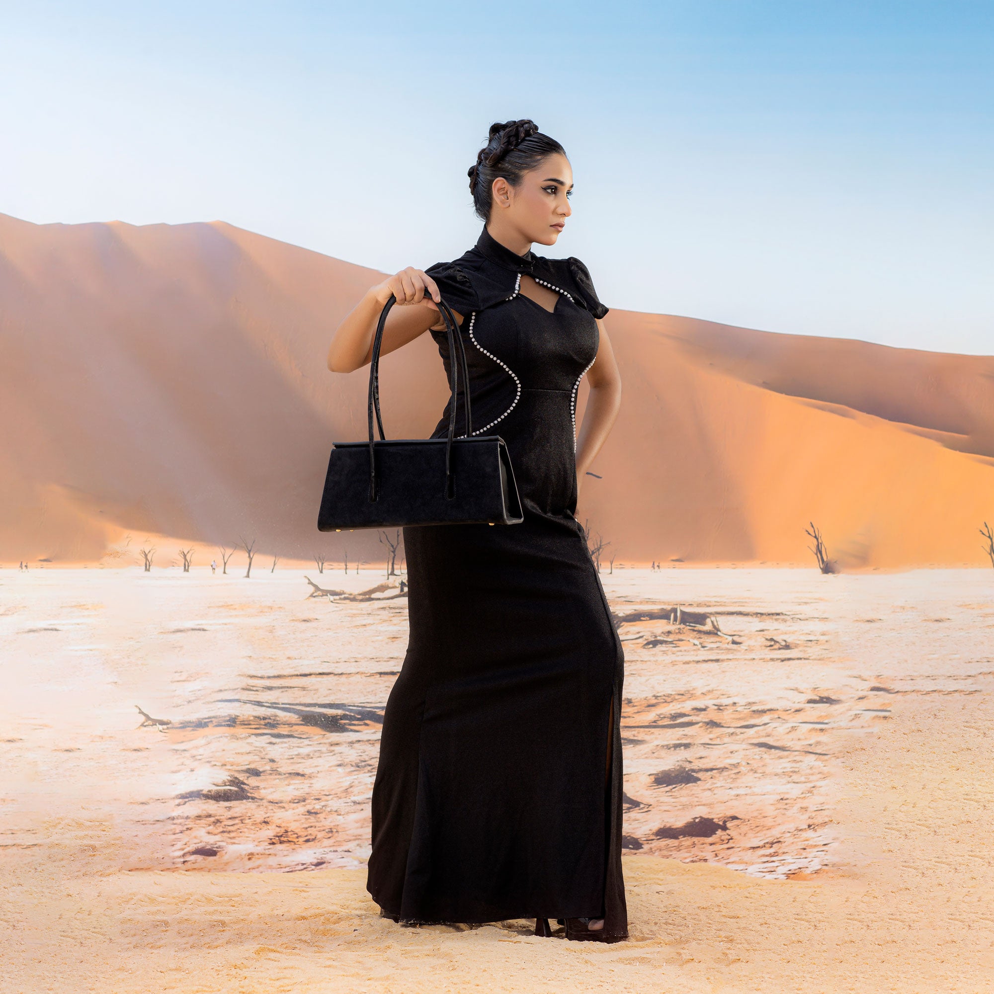 Black Suede Trapezoid Structured Tote