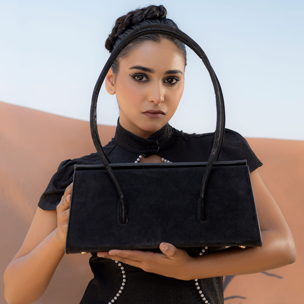 Black Suede Trapezoid Structured Tote