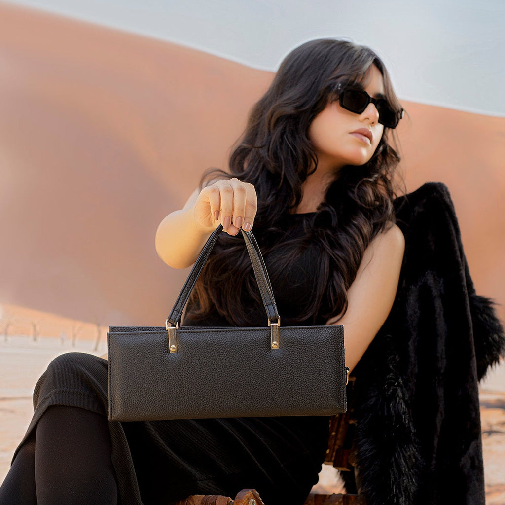 Black Grained PU Leather Rectangle Box Bag