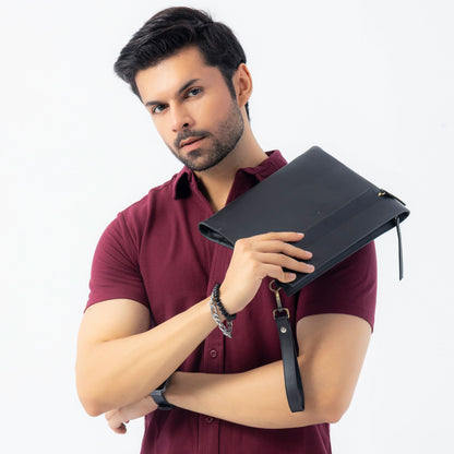 Black Genuine Leather Clutch Wristlet Pouch