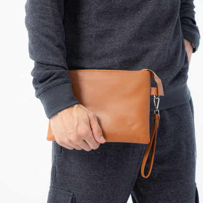 Tan Cognac Genuine Leather Clutch Wristlet | 100% Pure Cow Leather | Silver Hardware | Unisex
