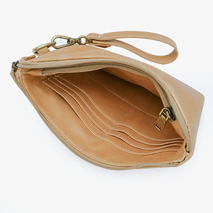 Offwhite Cognac PU Leather Wristlet Clutch Bag – Smooth Finish Pouch with Detachable Strap, Brass Hardware & Branded Patch