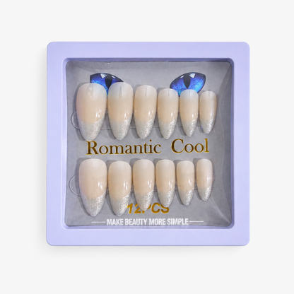 Romantic Cool Nude & Silver Press-On Gel Nails – 12 PCS