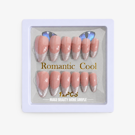 Romantic Cool Nude & Silver Glitter Press-On Nails – 12 PCS