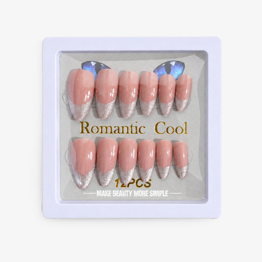 Romantic Cool Nude & Silver Glitter Press-On Nails – 12 PCS