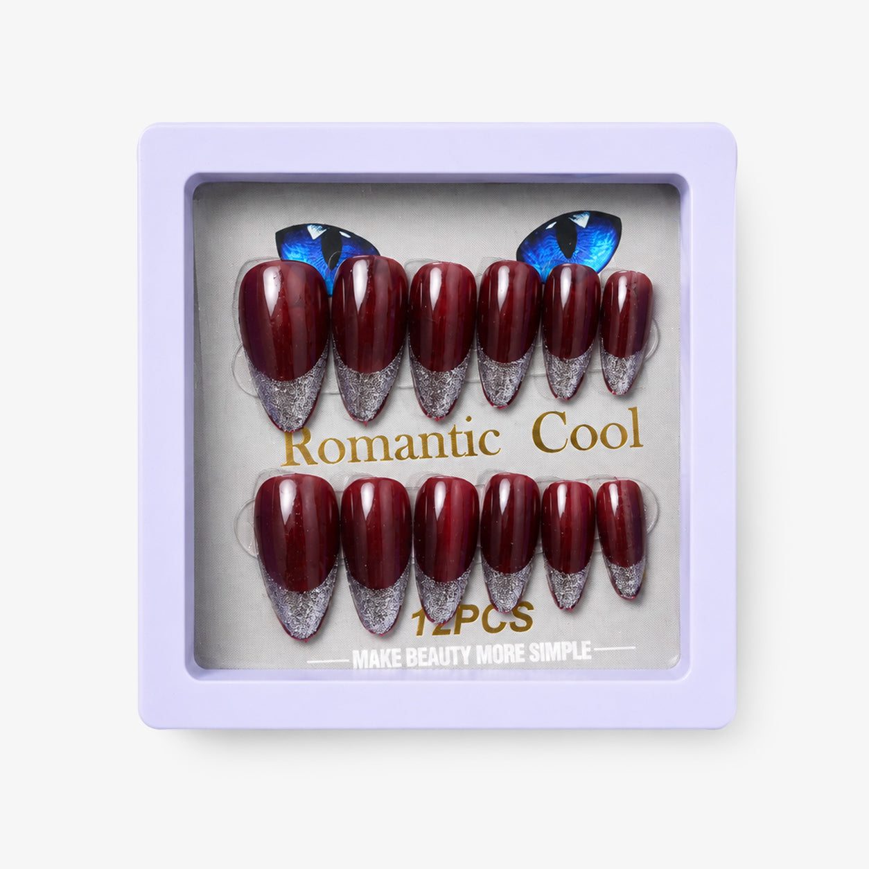 Romantic Cool Burgundy & Silver Press-On Gel Nails – 12 PCS